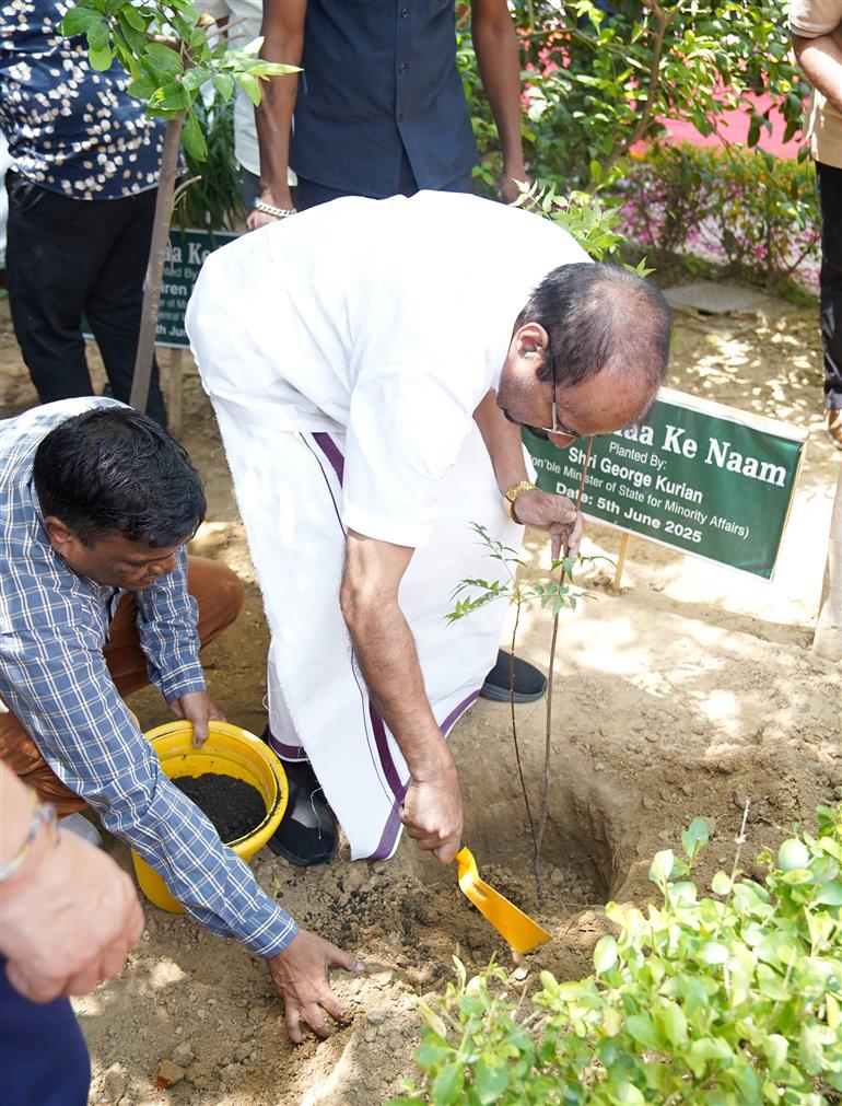 The Union Minister of Minority Affairs & Parliamentary Affairs, Shri Kiren Rijiju & Minister of State for Minority Affairs, Shri George Kurian on the occasion of World Environment Day, plant a tree each – Ek Ped Maa k Naam at CWC Bhawan, Saket, in New Delhi on June 05, 2025.