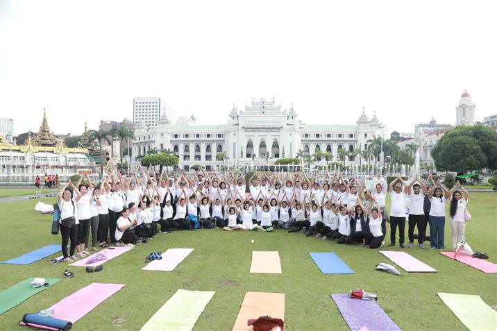 Yoga for One Earth, One Health-IDY 2025. Over 100 yoga enthusiasts and friends of India participated in our eco-friendly yoga session and tree saplings were also planted on the occasion at the iconic Mahabandoola Park, in Myanmar on June 05, 2025.:AYUSH