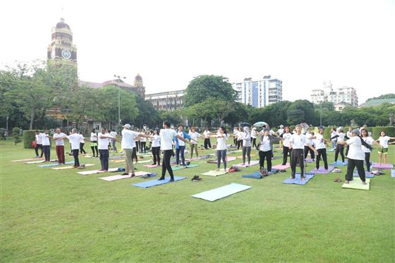 Yoga for One Earth, One Health-IDY 2025. Over 100 yoga enthusiasts and friends of India participated in our eco-friendly yoga session and tree saplings were also planted on the occasion at the iconic Mahabandoola Park, in Myanmar on June 05, 2025.:AYUSH