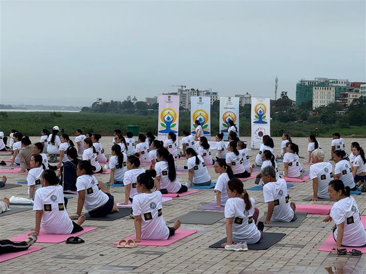 Curtain raiser for 11th International Day of Yoga. Set in the early hours of dawn, on the banks of mighty Mekong, Yoga enthusiasts from across the capital city joined Indian Embassy in Laos to usher in the countdown to the IDY2025 in Laos, on June 06, 2025.:AYUSH