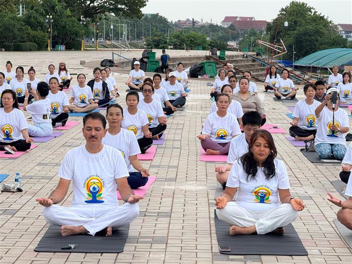 Curtain raiser for 11th International Day of Yoga. Set in the early hours of dawn, on the banks of mighty Mekong, Yoga enthusiasts from across the capital city joined Indian Embassy in Laos to usher in the countdown to the IDY2025 in Laos, on June 06, 2025.:AYUSH