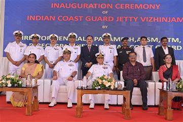 Director General of the Indian Coast Guard (ICG), General Paramesh Sivamani in a group photograph at the inauguration of new dedicated ICG jetty at Vizhinjam Harbour, in Kerala on June 07, 2025.