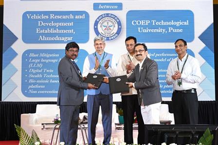 The Secretary, Department of Defence R&D and Chairman, DRDO, Dr Samir V Kamat witnessing the Exchange of MoU between Vehicles Research and Development Establishment (VRDE), Ahmednagar and COEP Technological University, Pune during an event organised at VRDE on June 07, 2025.