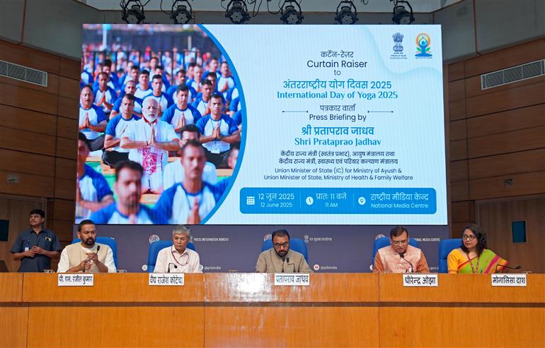 The Minister of State (Independent Charge) for Ayush and Health and Family Welfare, Shri Prataprao Jadhav addressing a Curtain Raiser Press Conference for the International Day of Yoga (IDY) 2025 - marking 10 impactful years of global yoga celebration at National Media Centre (NMC), in New Delhi on June 12, 2025.