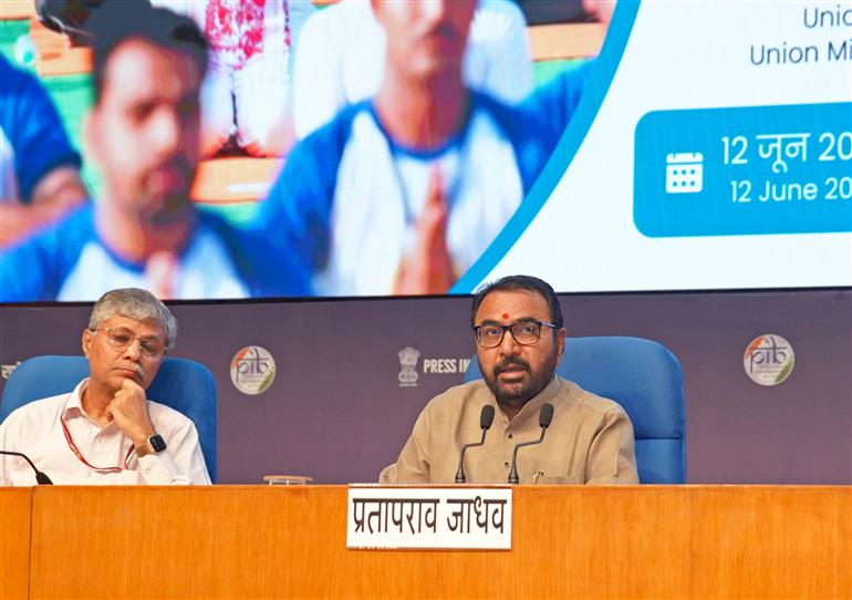 The Minister of State (Independent Charge) for Ayush and Health and Family Welfare, Shri Prataprao Jadhav addressing a Curtain Raiser Press Conference for the International Day of Yoga (IDY) 2025 - marking 10 impactful years of global yoga celebration at National Media Centre (NMC), in New Delhi on June 12, 2025.