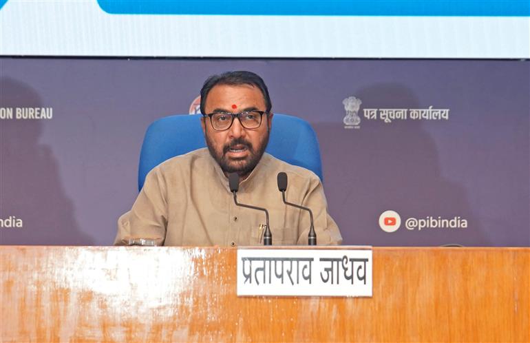 The Minister of State (Independent Charge) for Ayush and Health and Family Welfare, Shri Prataprao Jadhav addressing a Curtain Raiser Press Conference for the International Day of Yoga (IDY) 2025 - marking 10 impactful years of global yoga celebration at National Media Centre (NMC), in New Delhi on June 12, 2025.