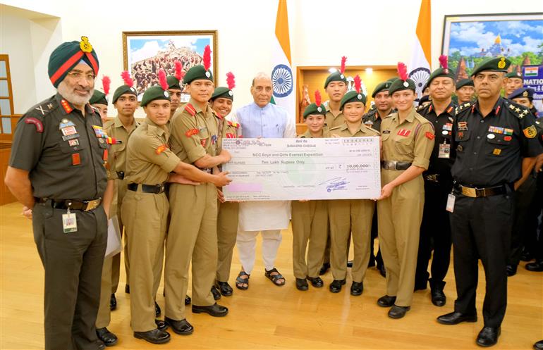 The Union Minister for Defence, Shri Rajnath Singh felicitates the National Cadet Corps (NCC) Mountaineering Expedition Team, in New Delhi on June 12, 2025.