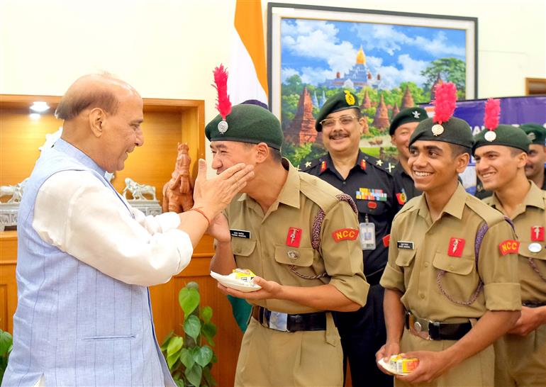 The Union Minister for Defence, Shri Rajnath Singh felicitates the National Cadet Corps (NCC) Mountaineering Expedition Team, in New Delhi on June 12, 2025.