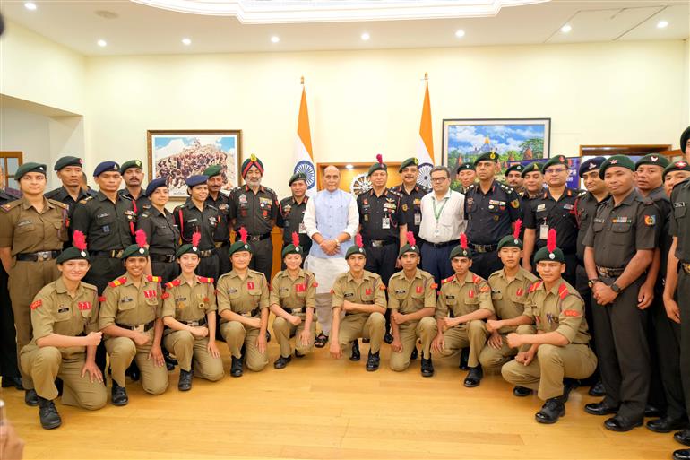 The Union Minister for Defence, Shri Rajnath Singh in a group photograph with the National Cadet Corps (NCC) Mountaineering Expedition Team, in New Delhi on June 12, 2025.