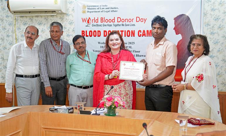 The Secretary, Department of Legal Affairs, Ministry of Law and Justice, Dr. Anju Rathi Rana graced the blood donation camp held to marking the ‘World Blood Donor Day’ at Shastri Bhawan, in New Delhi on June 13, 2025.