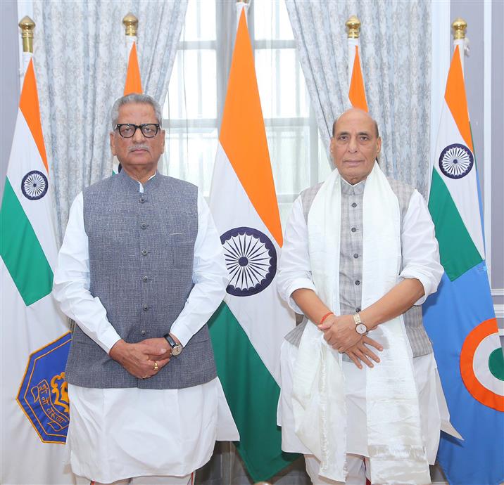 The Governor of Sikkim Shri Om Prakash Mathur calling on the Union Minister for Defence, Shri Rajnath Singh, in New Delhi on June 13, 2025.