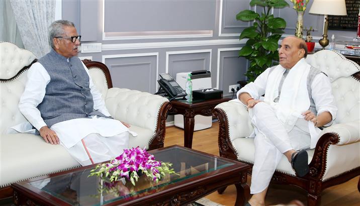 The Governor of Sikkim Shri Om Prakash Mathur calling on the Union Minister for Defence, Shri Rajnath Singh, in New Delhi on June 13, 2025.