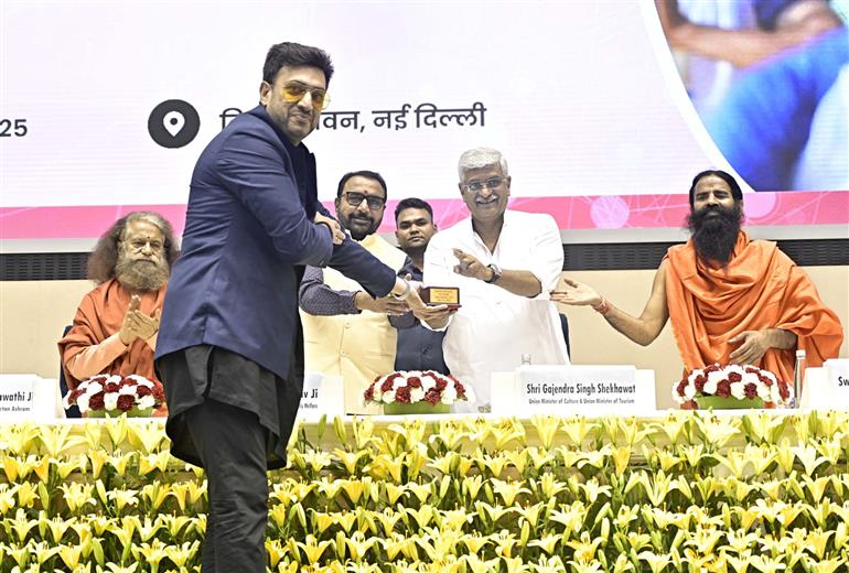 The Union Minister of Culture and Tourism, Shri Gajendra Singh Shekhawat and the Minister of State (Independent Charge) for Ayush and Health and Family Welfare, Shri Prataprao Jadhav at the “Yoga Connect 2025” as part of the 11th International Yoga Day program at Vigyan Bhavan, in New Delhi on June 14, 2025.