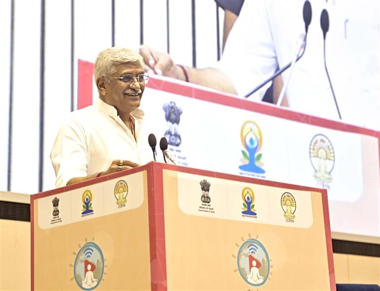 The Union Minister of Culture and Tourism, Shri Gajendra Singh Shekhawat addressing at the “Yoga Connect 2025” as part of the 11th International Yoga Day program at Vigyan Bhavan, in New Delhi on June 14, 2025.