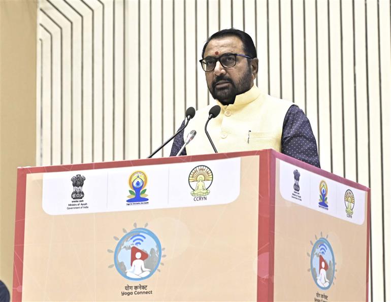 The Minister of State (Independent Charge) for Ayush and Health and Family Welfare, Shri Prataprao Jadhav addressing at the “Yoga Connect 2025” as part of the 11th International Yoga Day program at Vigyan Bhavan, in New Delhi on June 14, 2025.