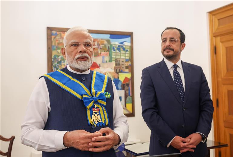 PM receiving highest honour of Cyprus in Nicosia, Cyprus on June 16, 2025.:Prime Minister's Office PM receiving highest honour of Cyprus in Nicosia, Cyprus on June 16, 2025.:Prime Minister