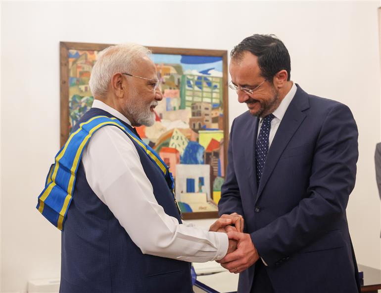 PM receiving highest honour of Cyprus in Nicosia, Cyprus on June 16, 2025.:Prime Minister's Office PM receiving highest honour of Cyprus in Nicosia, Cyprus on June 16, 2025.:Prime Minister