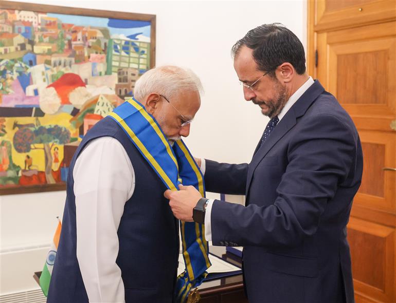 PM receiving highest honour of Cyprus in Nicosia, Cyprus on June 16, 2025.:Prime Minister's Office PM receiving highest honour of Cyprus in Nicosia, Cyprus on June 16, 2025.:Prime Minister