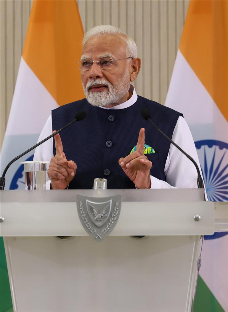 PM addressing the press meet with the President of Cyprus, Mr. Nikos Christodoulides in Nicosia, Cyprus on June 16, 2025.:Prime Minister's Office PM addressing the press meet with the President of Cyprus, Mr. Nikos Christodoulides in Nicosia, Cyprus on June 16, 2025.:Prime Minister