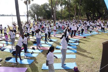 Embassy of India in Harare, Zimbabwe collaboration with Victoria Falls Yoga organized a yoga event at Victoria Falls on the river banks of The Zambezi where around 300 yoga enthusiasts participated on June 16, 2025.:AYUSH