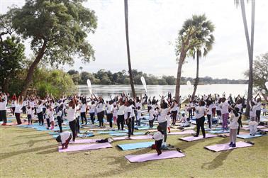 Embassy of India in Harare, Zimbabwe collaboration with Victoria Falls Yoga organized a yoga event at Victoria Falls on the river banks of The Zambezi where around 300 yoga enthusiasts participated on June 16, 2025.:AYUSH