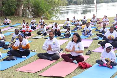 Embassy of India in Harare, Zimbabwe collaboration with Victoria Falls Yoga organized a yoga event at Victoria Falls on the river banks of The Zambezi where around 300 yoga enthusiasts participated on June 16, 2025.:AYUSH