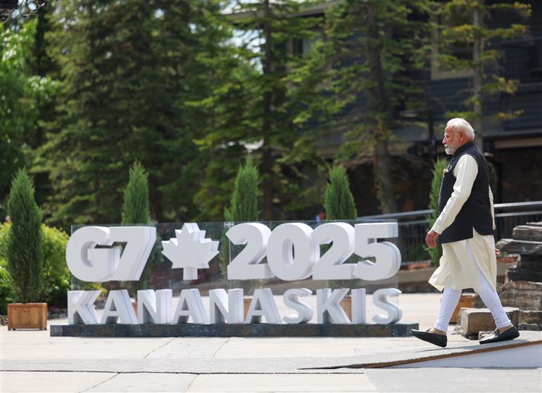 PM being welcomed by the Prime Minister of Canada, Mr. Mark Joseph Carney on the sidelines of the 51st G7 Summit at Kananaskis, in Canada on June 17, 2025.:Prime Minister's Office PM being welcomed by the Prime Minister of Canada, Mr. Mark Joseph Carney on the sidelines of the 51st G7 Summit at Kananaskis, in Canada on June 17, 2025.:Prime Minister