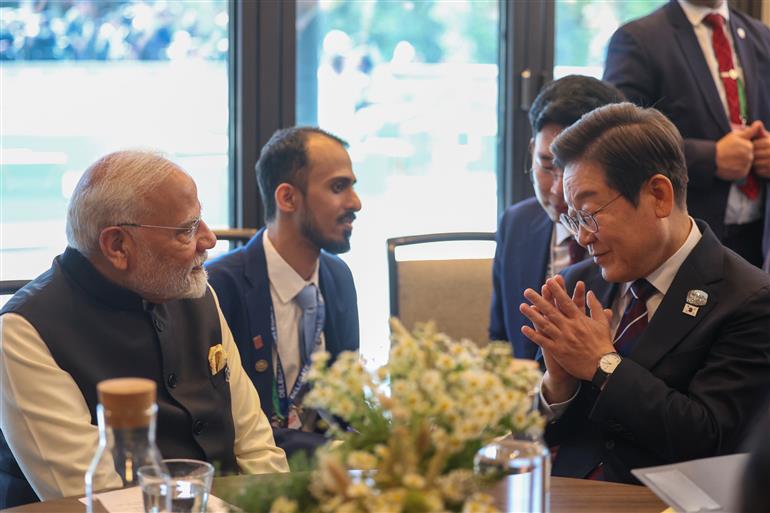 PM meets the President of South Korea, Mr. Lee Jae-myung on the sidelines of the 51st G7 Summit at Kananaskis, in Canada on June 17, 2025.:Prime Minister's Office PM meets the President of South Korea, Mr. Lee Jae-myung on the sidelines of the 51st G7 Summit at Kananaskis, in Canada on June 17, 2025.:Prime Minister