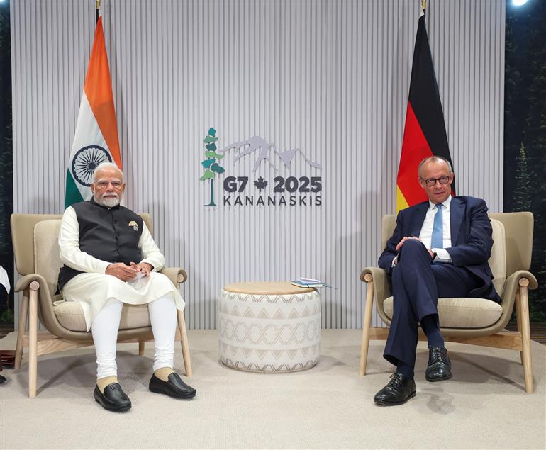 PM holds a bilateral meeting with the German Chancellor, Mr. Friedrich Merz on the sidelines of the 51st G7 Summit at Kananaskis, in Canada on June 17, 2025.:Prime Minister's Office PM holds a bilateral meeting with the German Chancellor, Mr. Friedrich Merz on the sidelines of the 51st G7 Summit at Kananaskis, in Canada on June 17, 2025.:Prime Minister