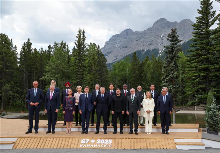 PM in a group photograph with the world leaders of G7 countries and invited partners on the sidelines of the 51st G7 Summit at Kananaskis, in Canada on June 17, 2025.:Prime Minister's Office PM in a group photograph with the world leaders of G7 countries and invited partners on the sidelines of the 51st G7 Summit at Kananaskis, in Canada on June 17, 2025.:Prime Minister