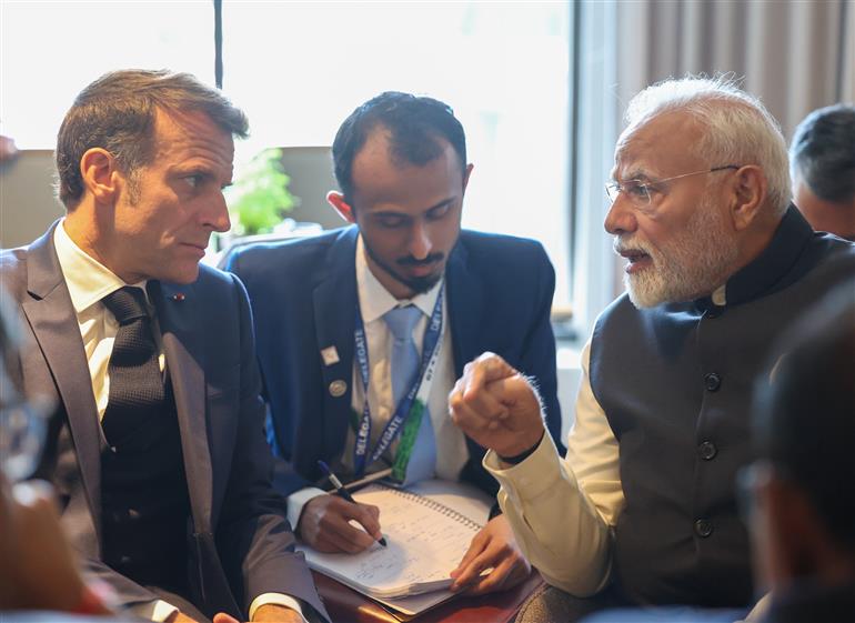 PM meets the President of France, Mr. Emmanuel Macron on the sidelines of the 51st G7 Summit at Kananaskis, in Canada on June 17, 2025.:Prime Minister's Office PM meets the President of France, Mr. Emmanuel Macron on the sidelines of the 51st G7 Summit at Kananaskis, in Canada on June 17, 2025.:Prime Minister