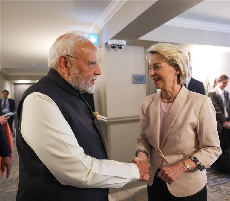 PM meets the President of the European Commission, Ms. Ursula von der Leyen on the sidelines of the 51st G7 Summit at Kananaskis, in Canada on June 17, 2025.:Prime Minister's Office PM meets the President of the European Commission, Ms. Ursula von der Leyen on the sidelines of the 51st G7 Summit at Kananaskis, in Canada on June 17, 2025.:Prime Minister