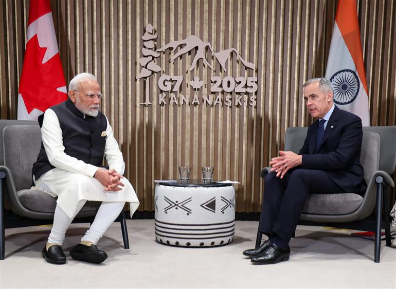 PM holds a bilateral meeting with the Prime Minister of Canada, Mr. Mark Joseph Carney on the sidelines of the 51st G7 Summit at Kananaskis, in Canada on June 17, 2025.:Prime Minister's Office PM holds a bilateral meeting with the Prime Minister of Canada, Mr. Mark Joseph Carney on the sidelines of the 51st G7 Summit at Kananaskis, in Canada on June 17, 2025.:Prime Minister