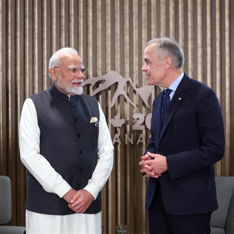 PM holds a bilateral meeting with the Prime Minister of Canada, Mr. Mark Joseph Carney on the sidelines of the 51st G7 Summit at Kananaskis, in Canada on June 17, 2025.:Prime Minister's Office PM holds a bilateral meeting with the Prime Minister of Canada, Mr. Mark Joseph Carney on the sidelines of the 51st G7 Summit at Kananaskis, in Canada on June 17, 2025.:Prime Minister