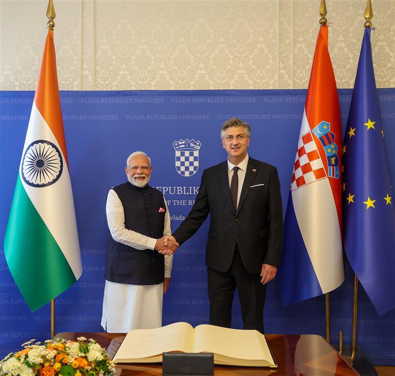 PM exchanges gifts with the Prime Minister of the Republic of Croatia, Mr. Andrej Plenkovic and signs a book at Banski Dvori in Zagreb, Croatia on June 18, 2025.:Prime Minister's Office PM exchanges gifts with the Prime Minister of the Republic of Croatia, Mr. Andrej Plenkovic and signs a book at Banski Dvori in Zagreb, Croatia on June 18, 2025.:Prime Minister