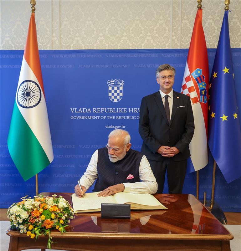 PM exchanges gifts with the Prime Minister of the Republic of Croatia, Mr. Andrej Plenkovic and signs a book at Banski Dvori in Zagreb, Croatia on June 18, 2025.:Prime Minister's Office PM exchanges gifts with the Prime Minister of the Republic of Croatia, Mr. Andrej Plenkovic and signs a book at Banski Dvori in Zagreb, Croatia on June 18, 2025.:Prime Minister