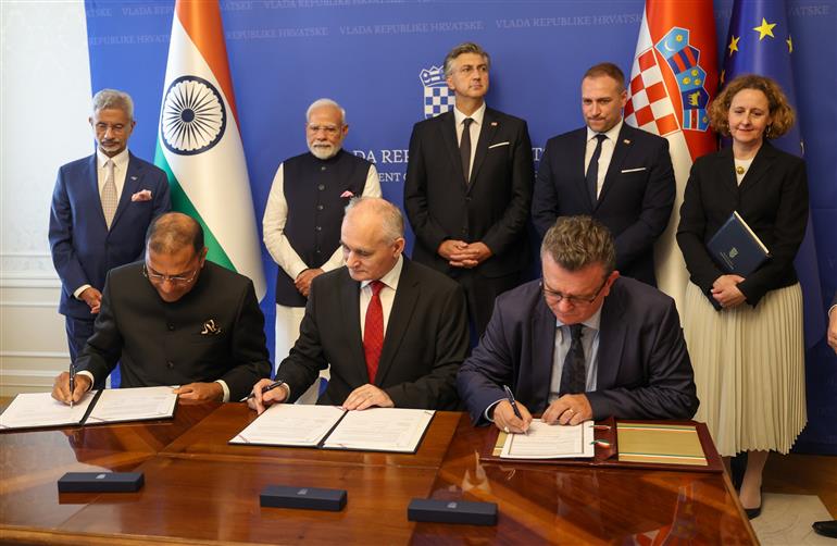 PM and the Prime Minister of the Republic of Croatia, Mr. Andrej Plenkovic witnessing the signing of MoU between India and Croatia at Zagreb, in Croatia on June 18, 2025.:Prime Minister's Office PM and the Prime Minister of the Republic of Croatia, Mr. Andrej Plenkovic witnessing the signing of MoU between India and Croatia at Zagreb, in Croatia on June 18, 2025.:Prime Minister