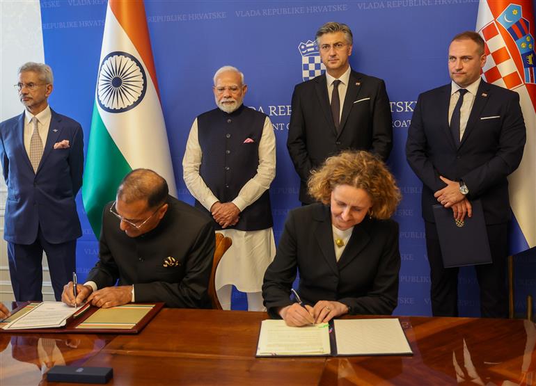PM and the Prime Minister of the Republic of Croatia, Mr. Andrej Plenkovic witnessing the signing of MoU between India and Croatia at Zagreb, in Croatia on June 18, 2025.:Prime Minister's Office PM and the Prime Minister of the Republic of Croatia, Mr. Andrej Plenkovic witnessing the signing of MoU between India and Croatia at Zagreb, in Croatia on June 18, 2025.:Prime Minister