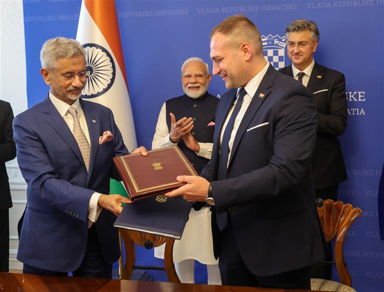 PM and the Prime Minister of the Republic of Croatia, Mr. Andrej Plenkovic witnessing the signing of MoU between India and Croatia at Zagreb, in Croatia on June 18, 2025.:Prime Minister's Office PM and the Prime Minister of the Republic of Croatia, Mr. Andrej Plenkovic witnessing the signing of MoU between India and Croatia at Zagreb, in Croatia on June 18, 2025.:Prime Minister