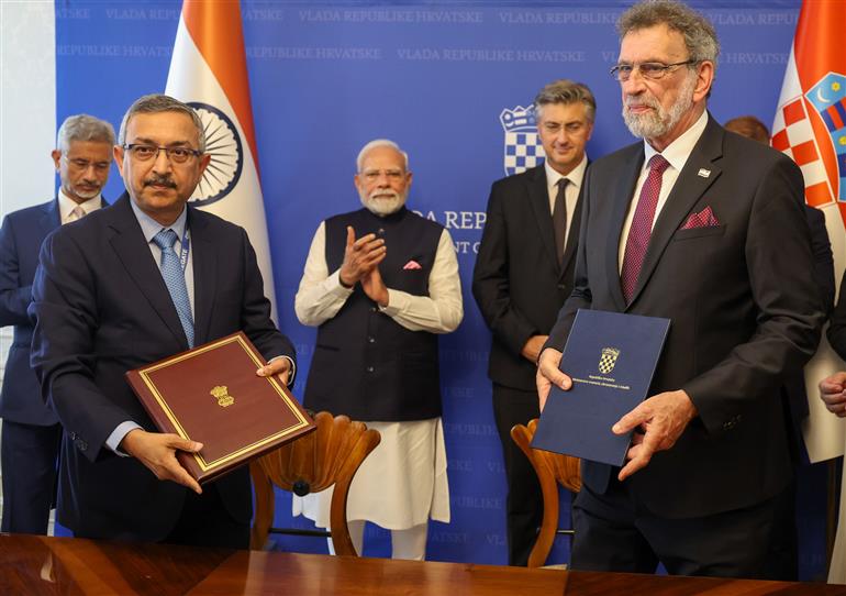 PM and the Prime Minister of the Republic of Croatia, Mr. Andrej Plenkovic witnessing the signing of MoU between India and Croatia at Zagreb, in Croatia on June 18, 2025.:Prime Minister's Office PM and the Prime Minister of the Republic of Croatia, Mr. Andrej Plenkovic witnessing the signing of MoU between India and Croatia at Zagreb, in Croatia on June 18, 2025.:Prime Minister