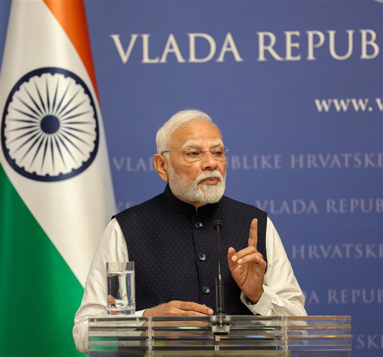 PM addressing the joint press meet at Zagreb, in Croatia on June 18, 2025.:Prime Minister's Office PM addressing the joint press meet at Zagreb, in Croatia on June 18, 2025.:Prime Minister