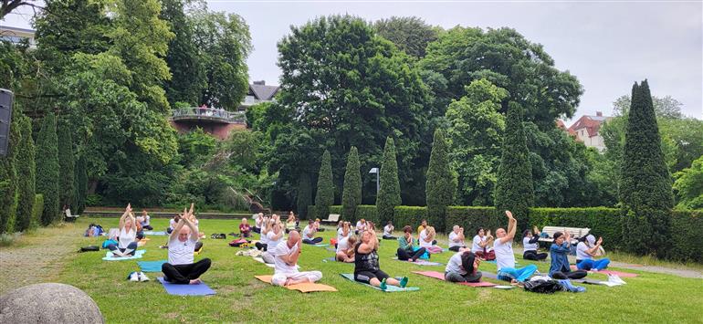 Celebrating the 11th International Day of Yoga with the 4th Open Air Sommer Yoga at the scenic Stadtgarten, Vegesack, Germany. Over 50 participants gathered in harmony with nature to honor this year’s theme: “Yoga for One Earth, One Health” on June 19, 2025.:AYUSH