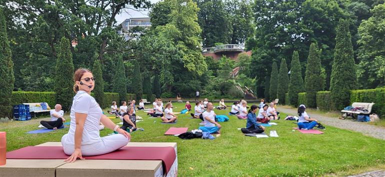 Celebrating the 11th International Day of Yoga with the 4th Open Air Sommer Yoga at the scenic Stadtgarten, Vegesack, Germany. Over 50 participants gathered in harmony with nature to honor this year’s theme: “Yoga for One Earth, One Health” on June 19, 2025.:AYUSH