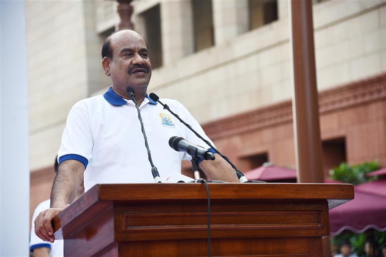 The Speaker of Lok Sabha, Shri Om Birla addressing the gathering during the 11th International Day of Yoga celebrations at Parliament House Complex, in New Delhi on June 21, 2025.:Ministry of Parliamentary Affairs