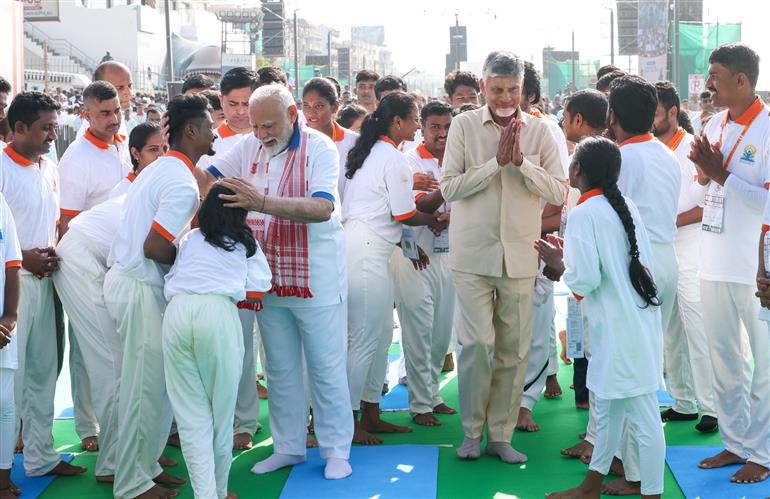 PM participated in the 11th International Day of Yoga celebrations at Visakhapatnam, in Andhra Pradesh on June 21, 2025.:Prime Minister