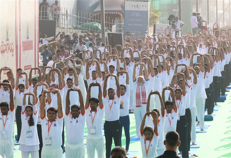 PM participated in the 11th International Day of Yoga celebrations at Visakhapatnam, in Andhra Pradesh on June 21, 2025.:Prime Minister