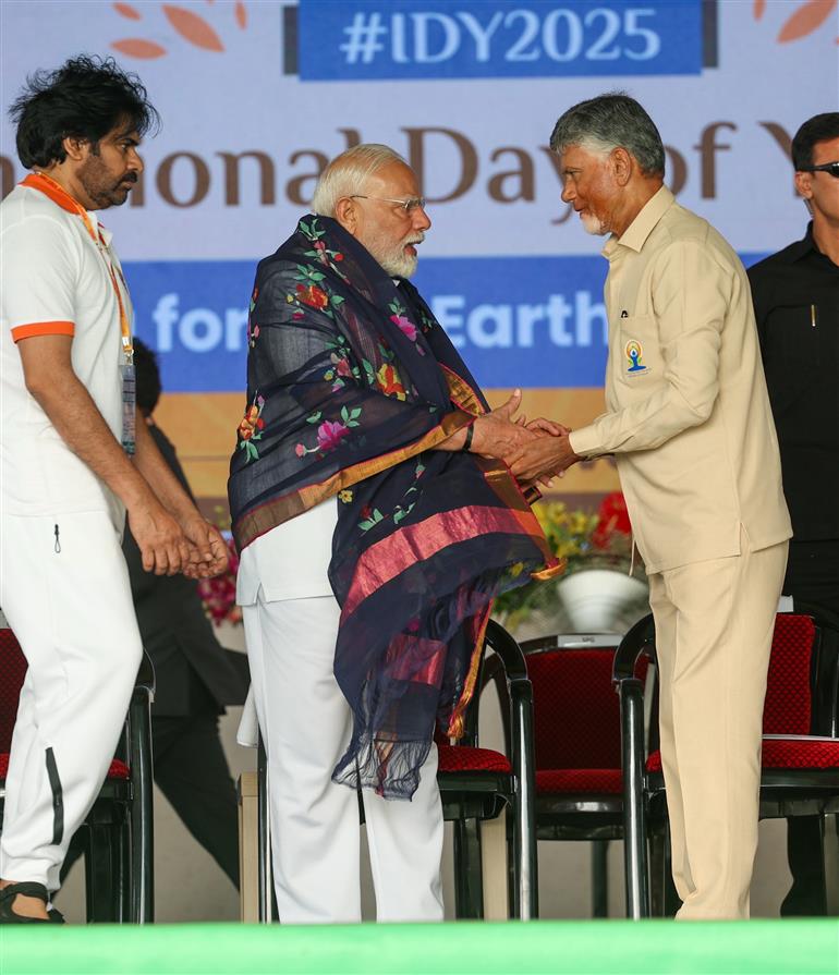 PM participated in the 11th International Day of Yoga celebrations at Visakhapatnam, in Andhra Pradesh on June 21, 2025.:Prime Minister