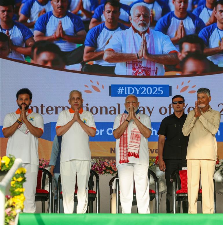 PM participated in the 11th International Day of Yoga celebrations at Visakhapatnam, in Andhra Pradesh on June 21, 2025.:Prime Minister