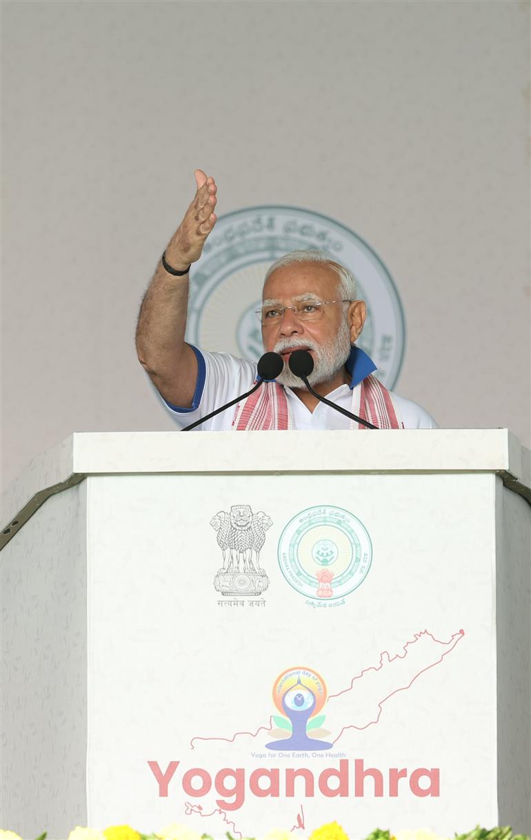 PM addressing the gathering during the 11th International Day of Yoga celebrations at Visakhapatnam, in Andhra Pradesh on June 21, 2025.:Prime Minister