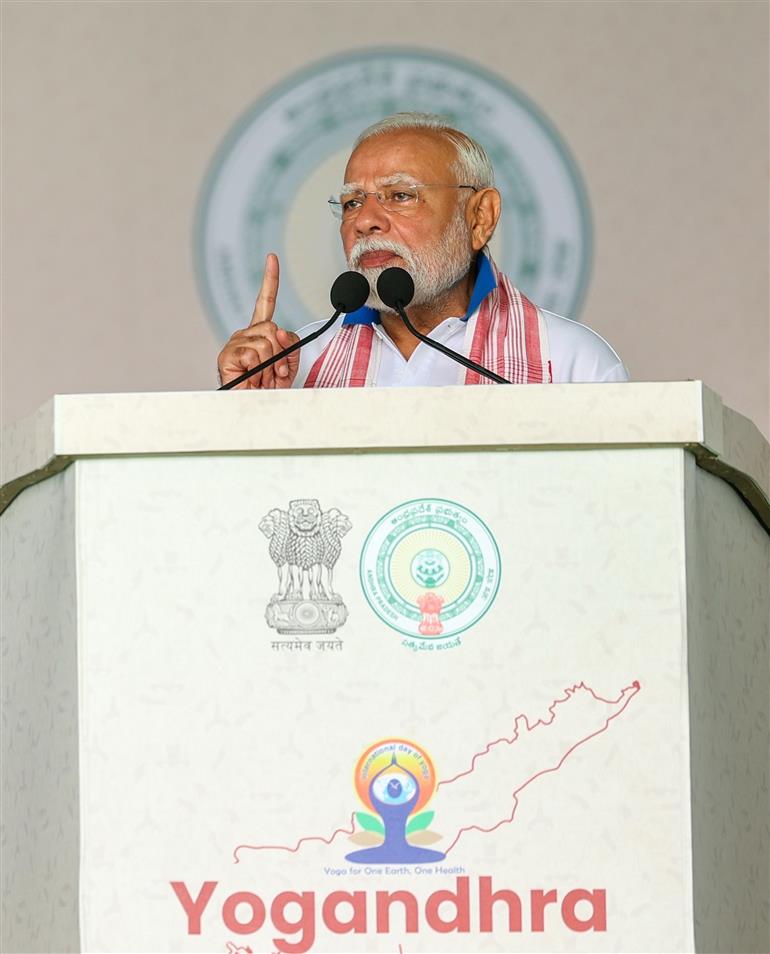 PM addressing the gathering during the 11th International Day of Yoga celebrations at Visakhapatnam, in Andhra Pradesh on June 21, 2025.:Prime Minister